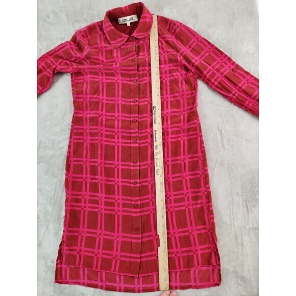 Diane Von Furstenberg Red Plaid Silk Long Sleeve Button Up Shirt Dress Size 2 - Picture 7 of 8